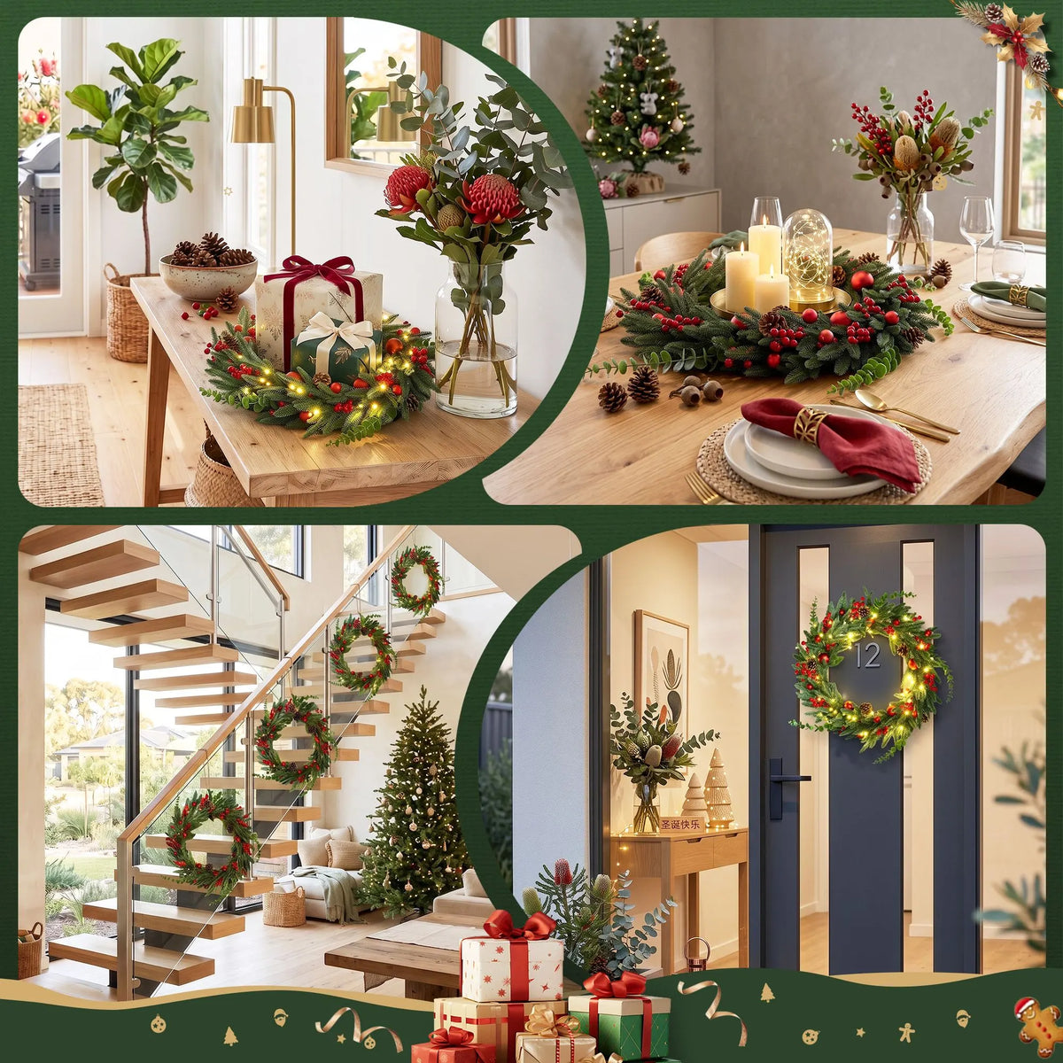 Jingle Jollys 60cm Pre-Lit Christmas Wreath LED Light Front Door Xmas Decor Garland - Image 7