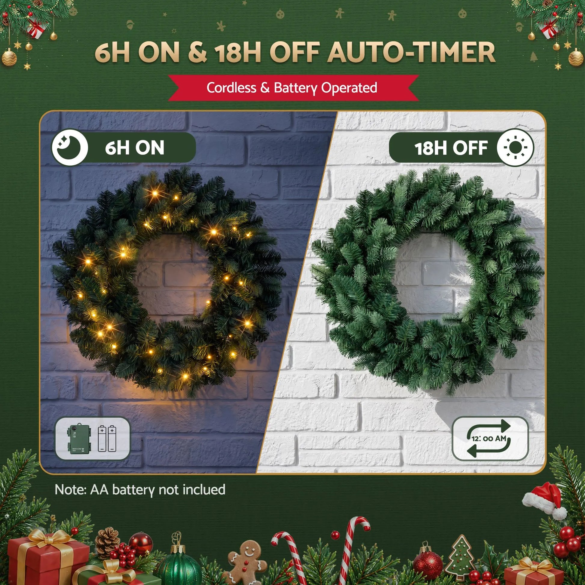 Jingle Jollys 60cm Pre-Lit Christmas Wreath GarlandsWarm White LED Light Door Wreaths Battery Timer - Image 6