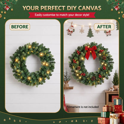 Jingle Jollys 60cm Pre-Lit Christmas Wreath GarlandsWarm White LED Light Door Wreaths Battery Timer - Image 8