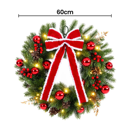 Jingle Jollys 60cm Pre-lit Christmas Wreath Garlands LED Light Front Door Decor Bow - Image 2