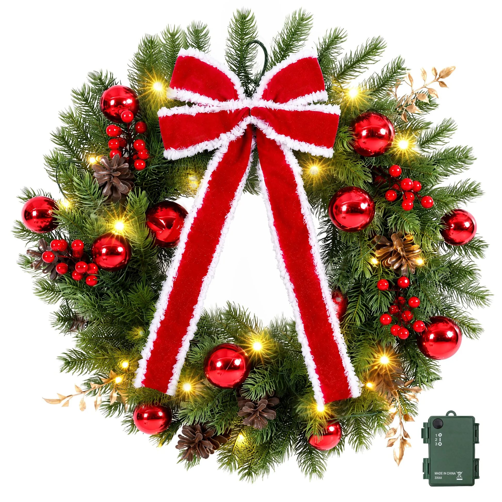 Jingle Jollys 60cm Pre-lit Christmas Wreath Garlands LED Light Front Door Decor Bow - Image 4