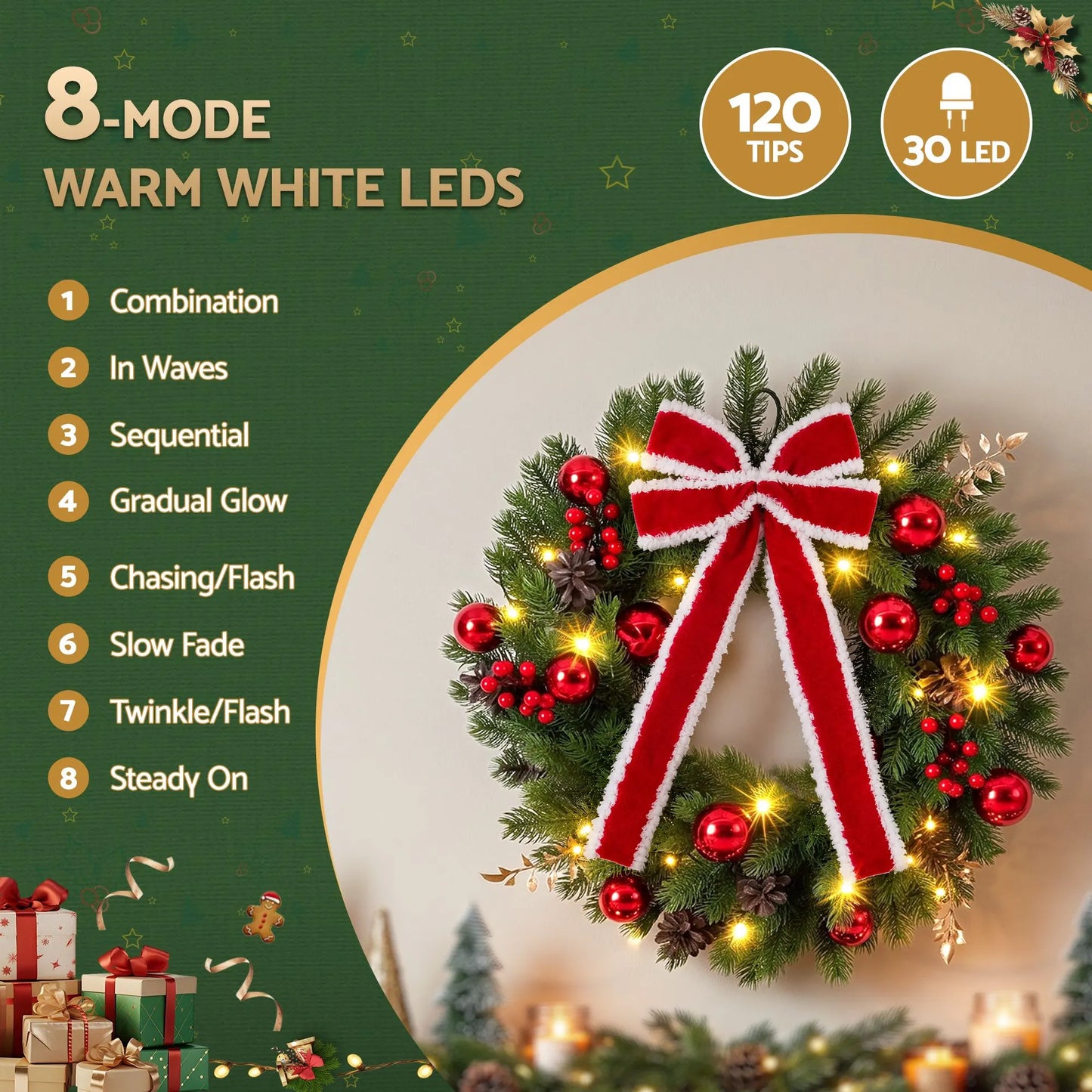 Jingle Jollys 60cm Pre-lit Christmas Wreath Garlands LED Light Front Door Decor Bow - Image 5