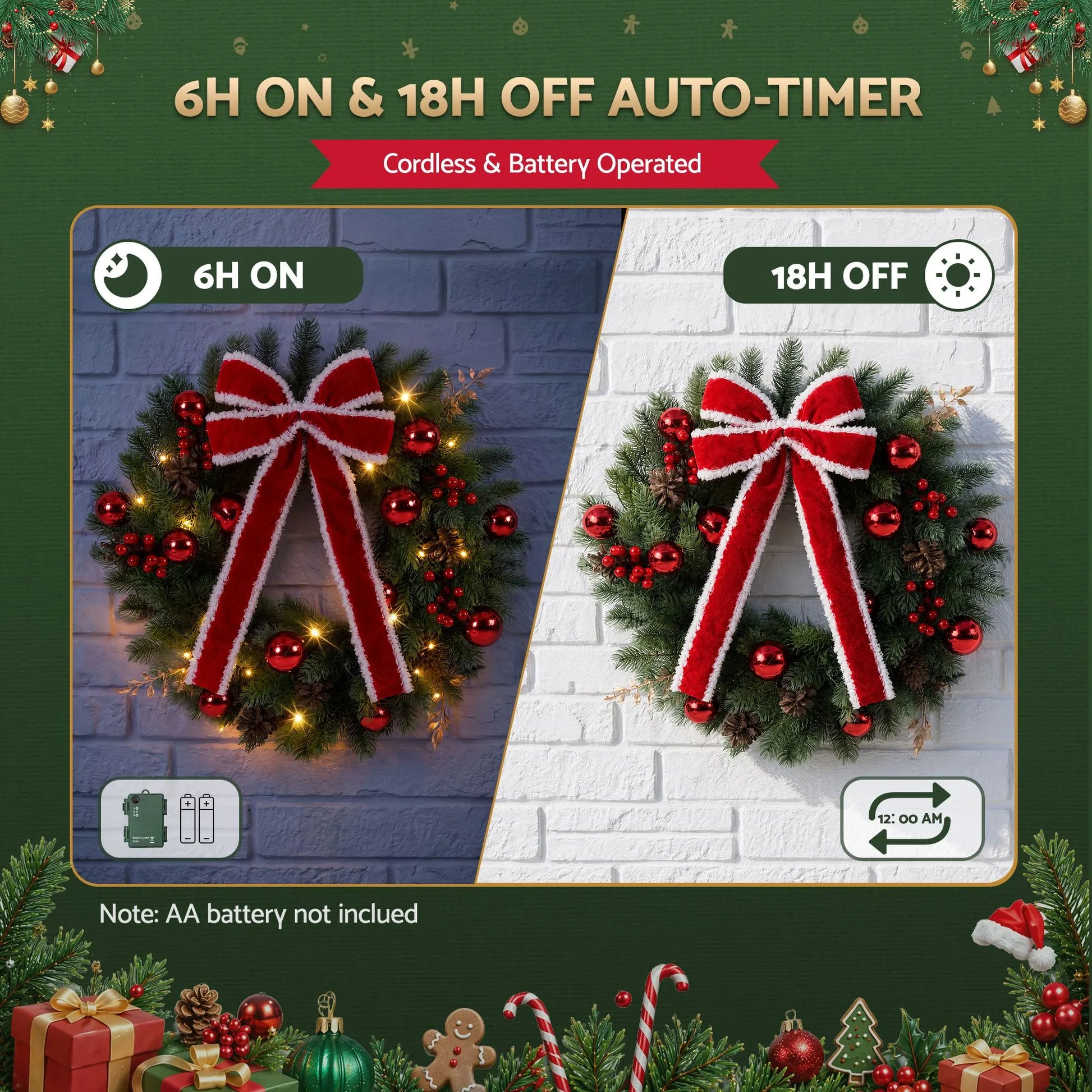 Jingle Jollys 60cm Pre-lit Christmas Wreath Garlands LED Light Front Door Decor Bow - Image 6