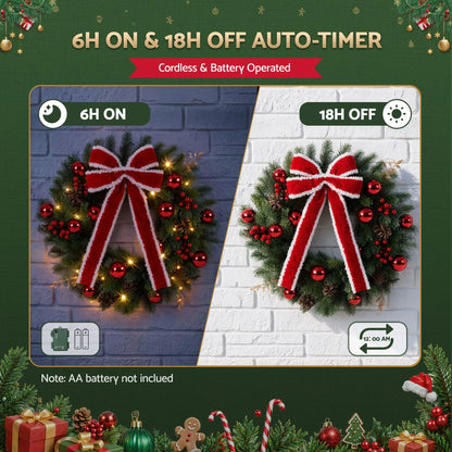 Jingle Jollys 60cm Pre-lit Christmas Wreath Garlands LED Light Front Door Decor Bow - Image 6