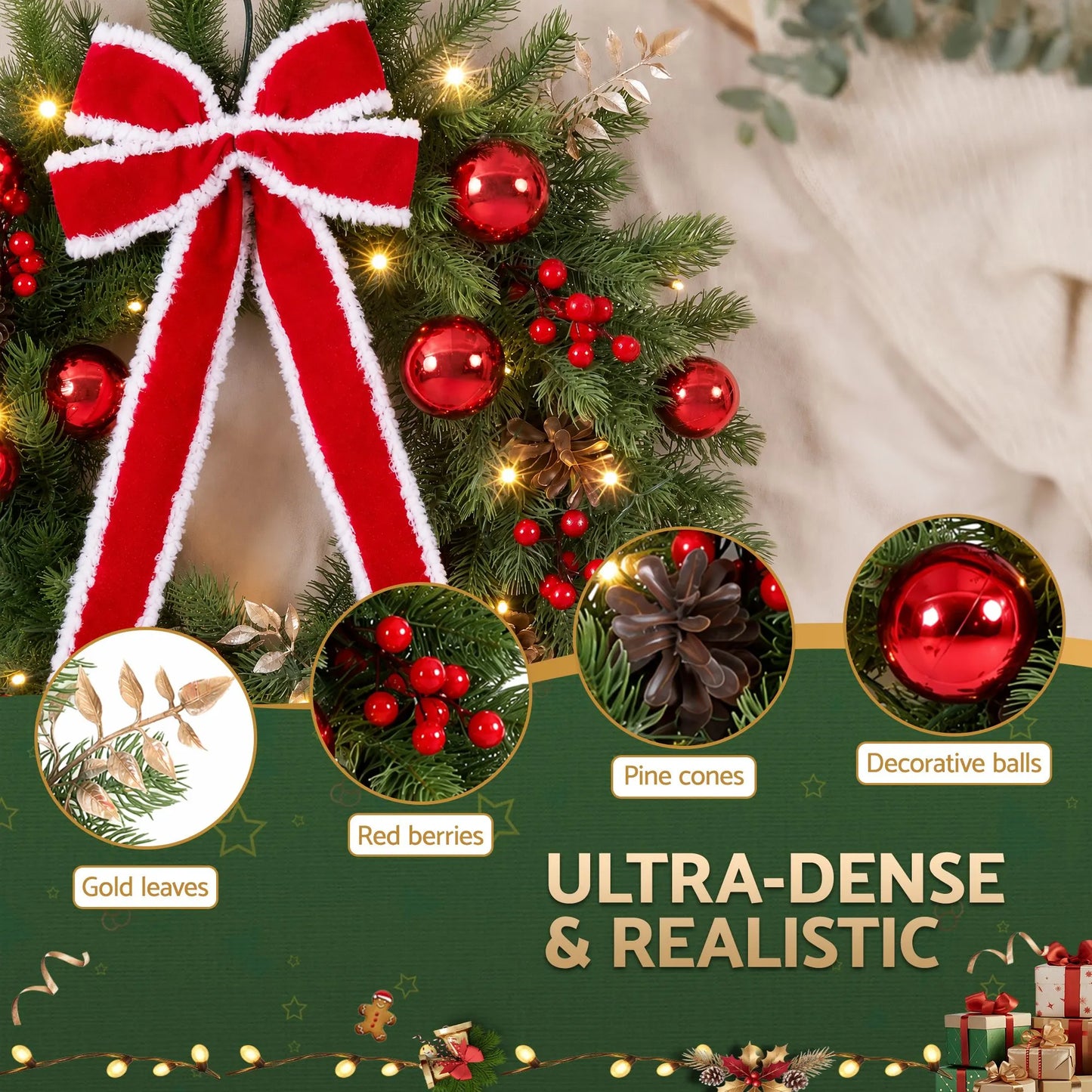Jingle Jollys 60cm Pre-lit Christmas Wreath Garlands LED Light Front Door Decor Bow - Image 7