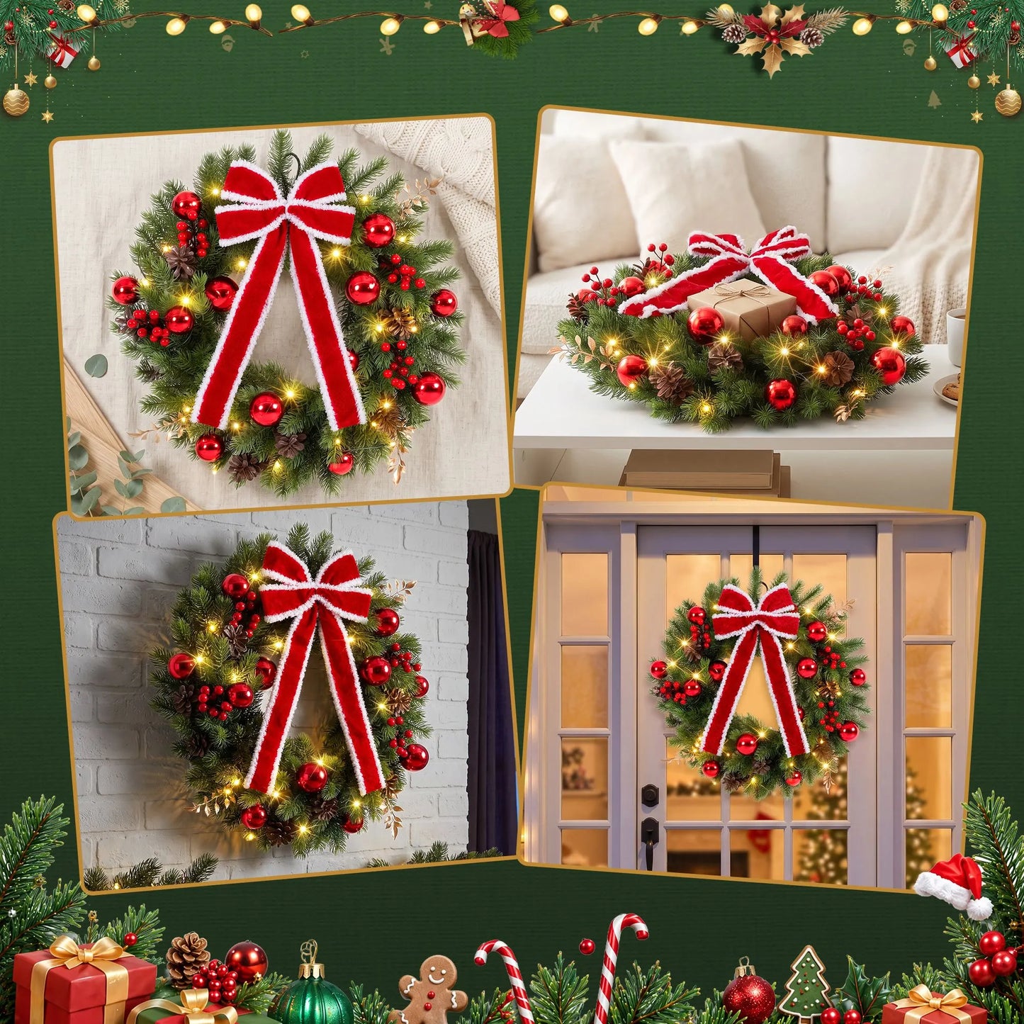 Jingle Jollys 60cm Pre-lit Christmas Wreath Garlands LED Light Front Door Decor Bow - Image 8