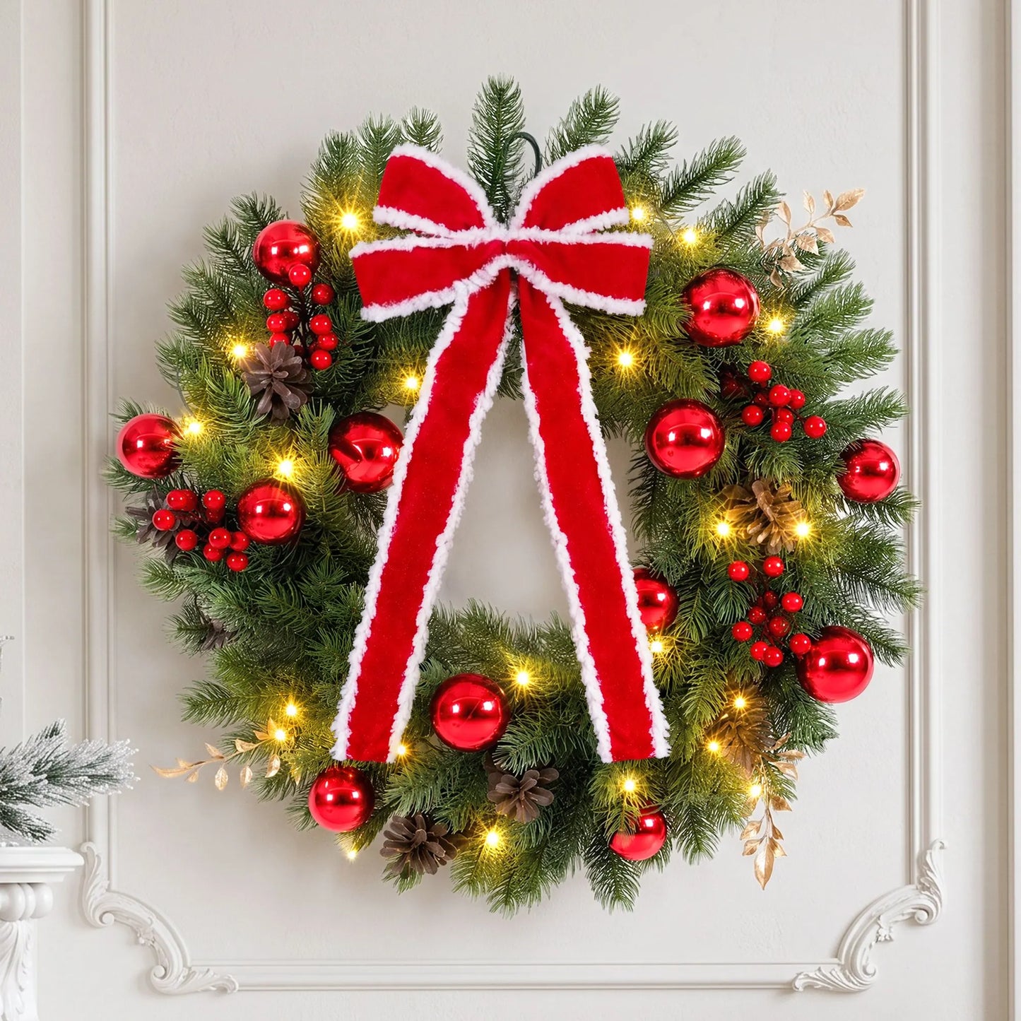 Jingle Jollys 60cm Pre-lit Christmas Wreath Garlands LED Light Front Door Decor Bow - Image 9
