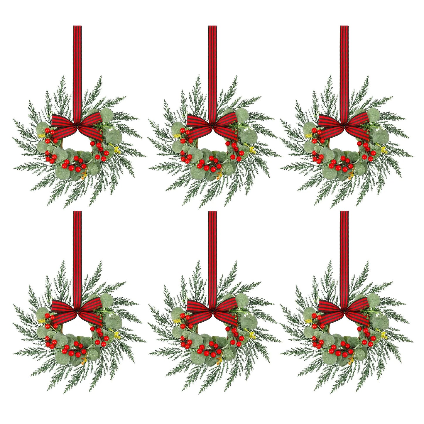 Jingle Jollys 6x Christmas Wreath Garland 26cm Pre-lit Wreaths Red Berries Bow