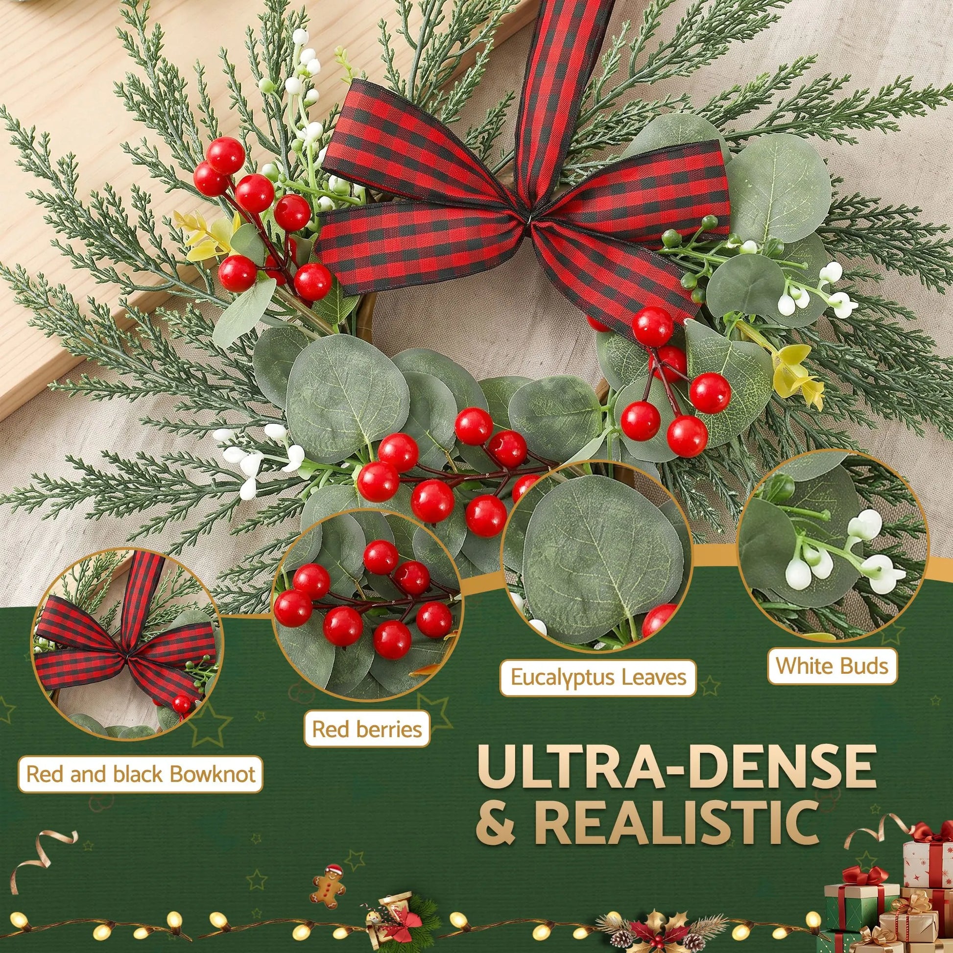 Jingle Jollys 6x Christmas Wreath Garland 26cm Pre-lit Wreaths Red Berries Bow - Image 4