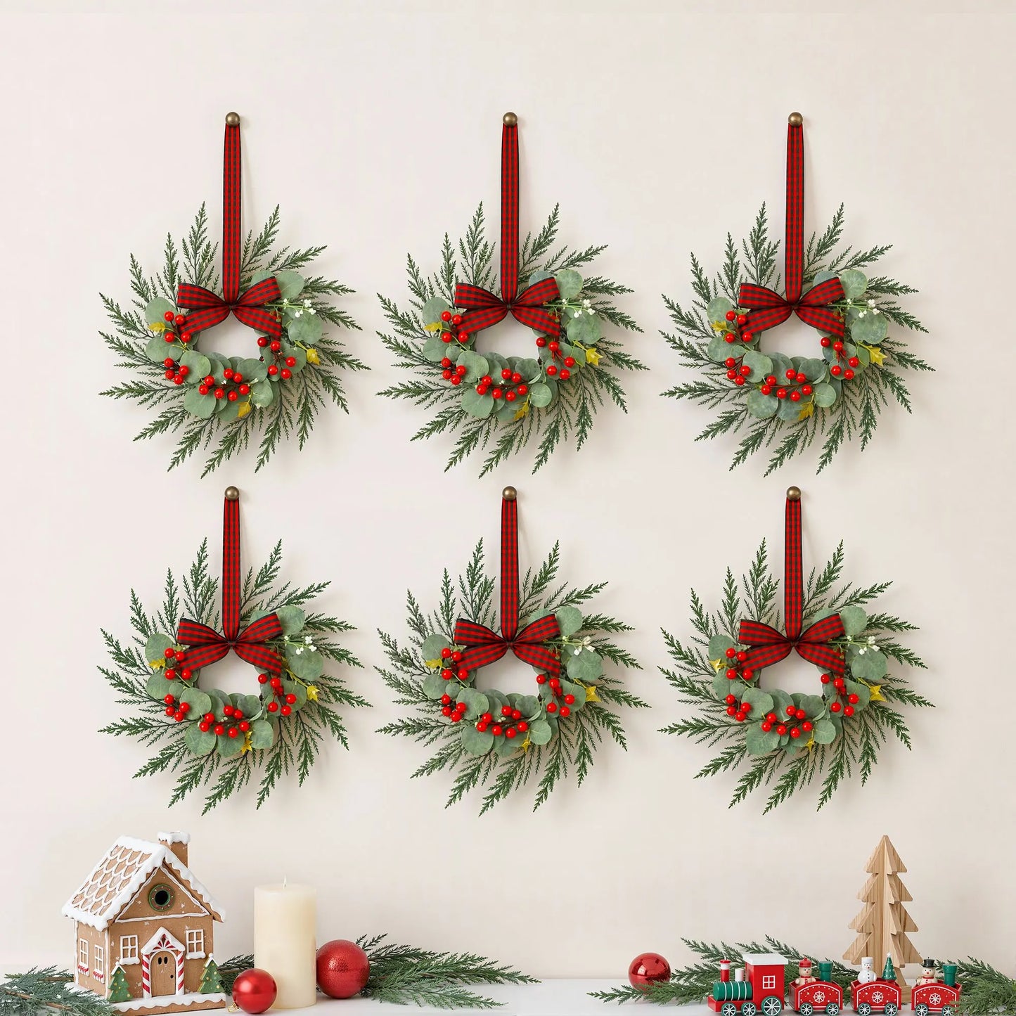 Jingle Jollys 6x Christmas Wreath Garland 26cm Pre-lit Wreaths Red Berries Bow - Image 9
