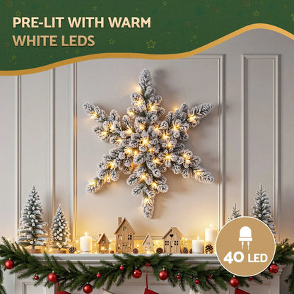 Jingle Jollys 60cm Flocked Snowflake Christmas Wreath Garland Pre-Lit 40 LED Light Decor - Image 5