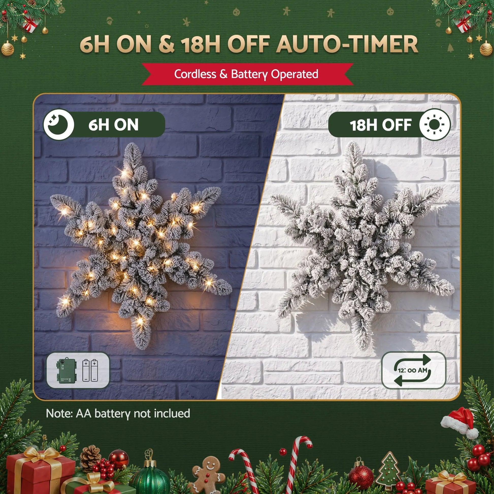 Jingle Jollys 60cm Flocked Snowflake Christmas Wreath Garland Pre-Lit 40 LED Light Decor - Image 6