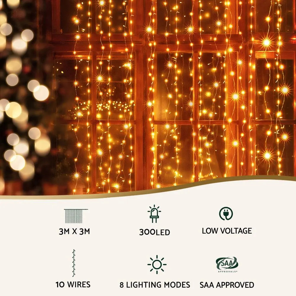 Jingle Jollys 3X3M Christmas Lights Curtain String Light 300 LED Warm White - Image 3