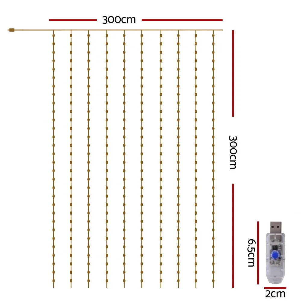 Jingle Jollys 3X3M Christmas Lights Curtain String Light 300 LED Warm White - Image 5