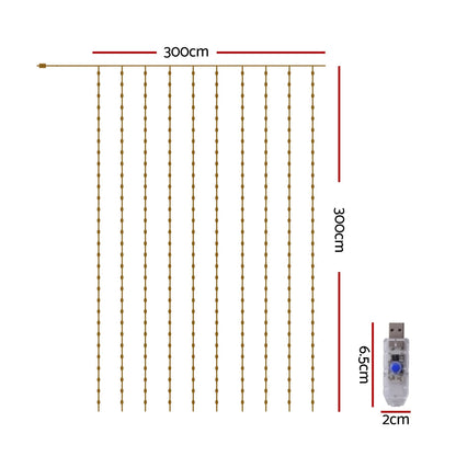 Jingle Jollys 3X3M Christmas Lights Curtain String Light 300 LED Warm White - Image 8