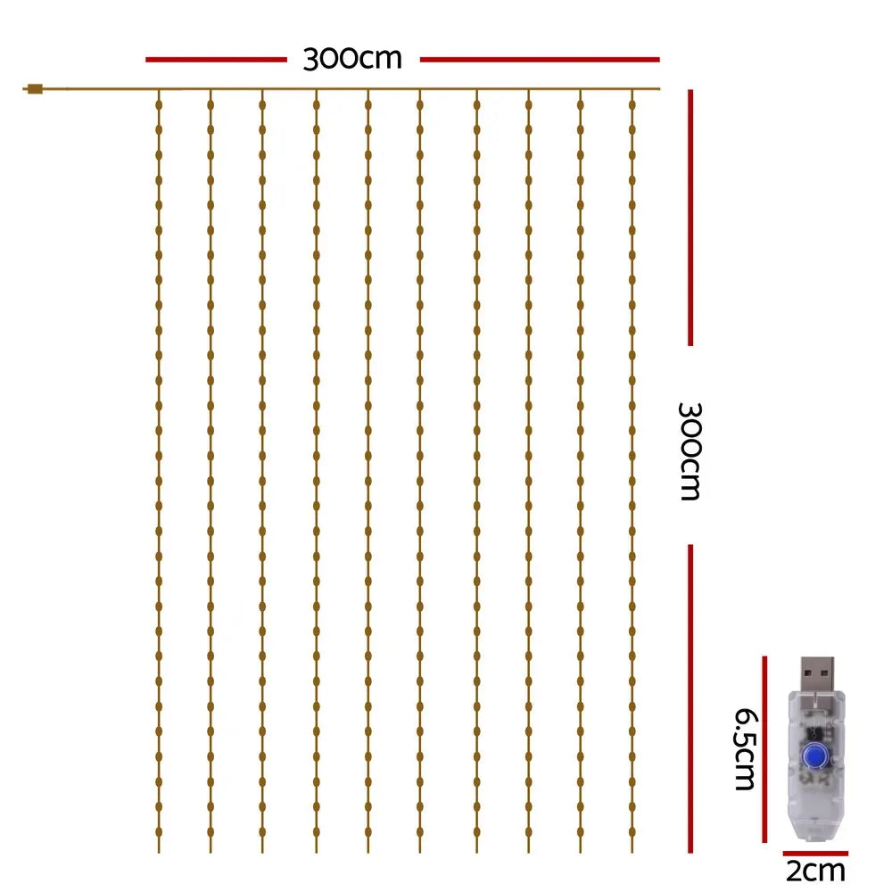 Jingle Jollys 3X3M Christmas Lights Curtain String Light 300 LED Warm White - Image 2