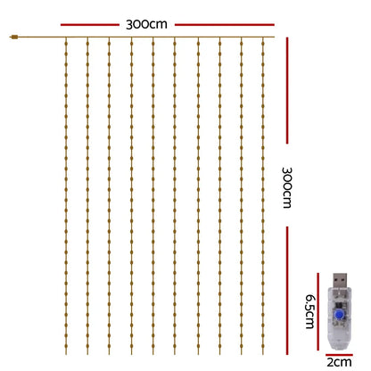 Jingle Jollys 3X3M Christmas Lights Curtain String Light 300 LED Warm White - Image 2