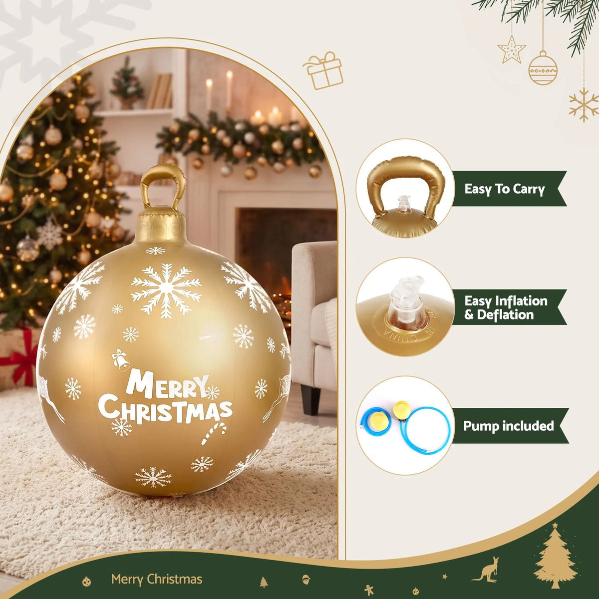 Jingle Jollys Christmas Inflatable Ball Bauble 60cm Outdoor Decoration Gold - Image 5