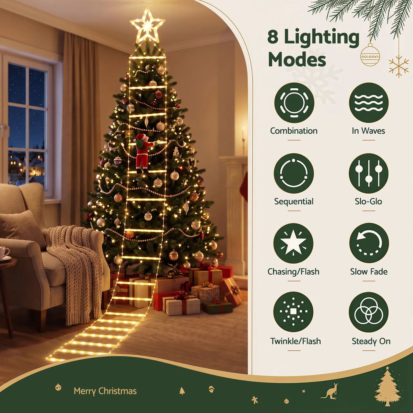 Jingle Jollys Christmas Ladder Lights Santa 3.4m 328LED Hanging Decor Warm White - Image 6