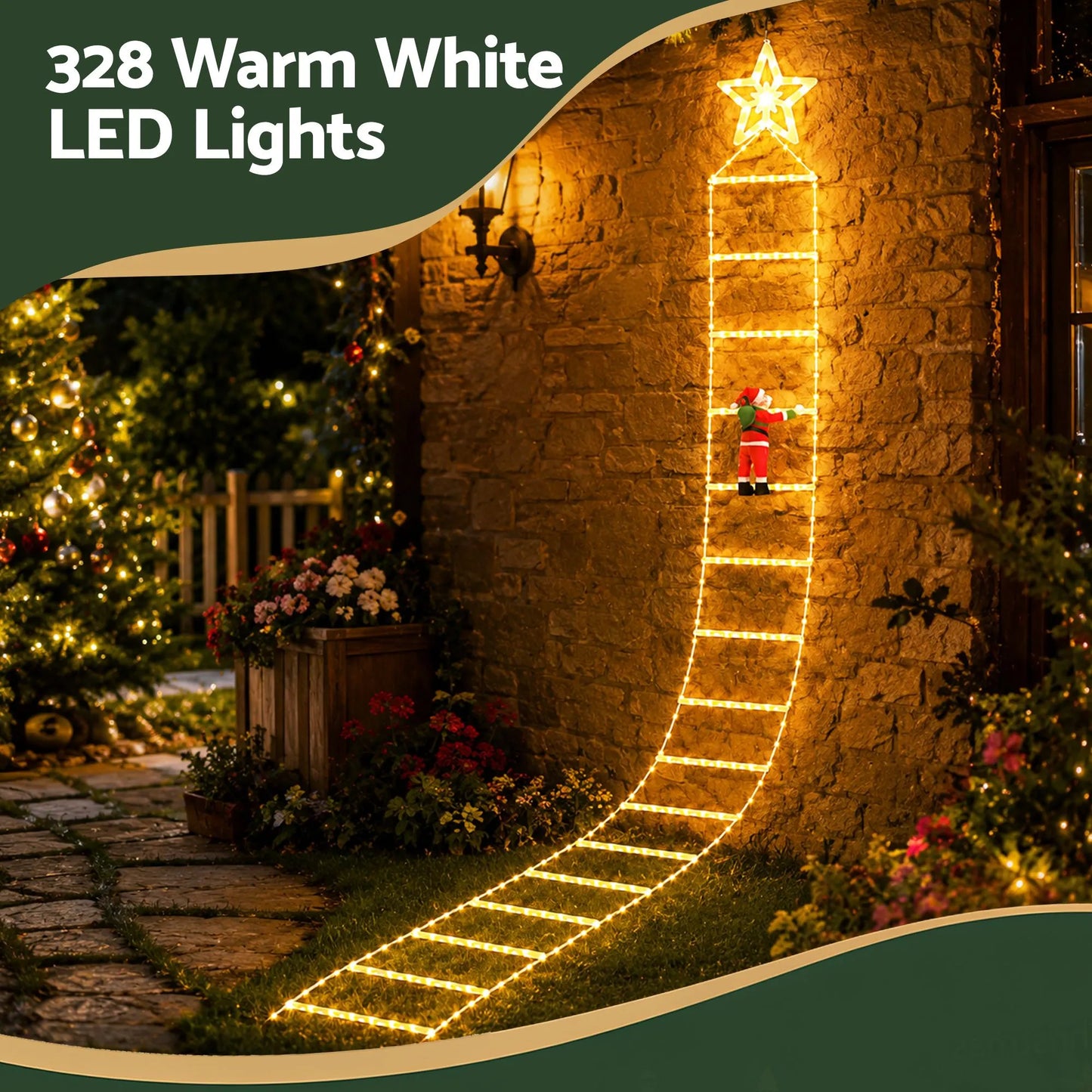 Jingle Jollys Christmas Ladder Lights Santa 3.4m 328LED Hanging Decor Warm White - Image 7