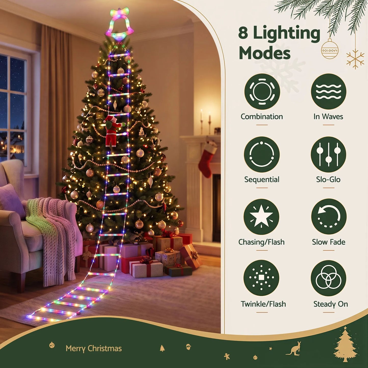 Jingle Jollys 3.5M Christmas Lights 300 LED Ladder Light with Santa Claus Decor - Image 3