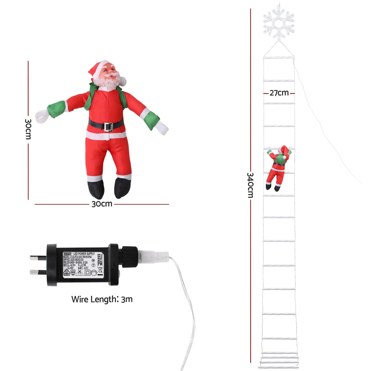 Jingle Jollys Christmas Ladder Lights Santa 3.4m 328LED Hanging Decor Cool White - Image 2