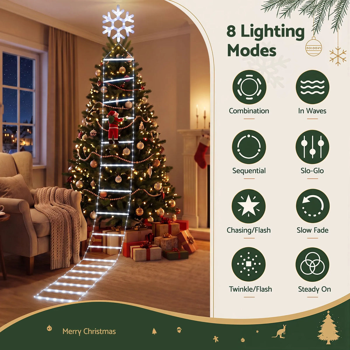 Jingle Jollys Christmas Ladder Lights Santa 3.4m 328LED Hanging Decor Cool White - Image 5