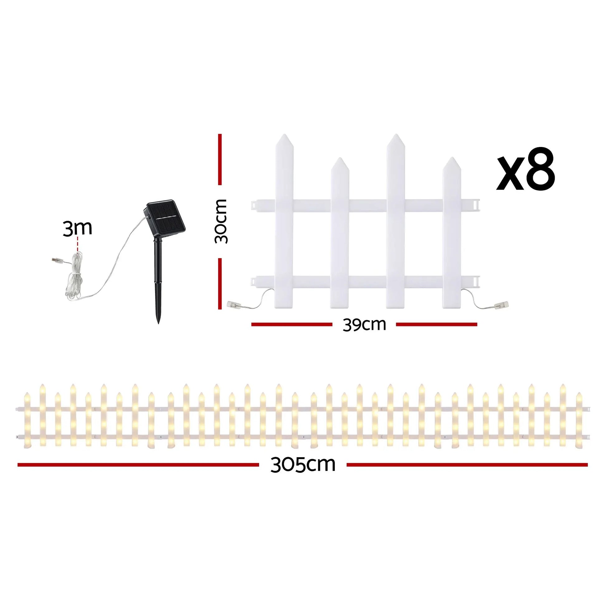 Jingle Jollys 3m Solar Christmas Fence Lights Outdoor Garden Path Decor Warm White 8pc - Image 2