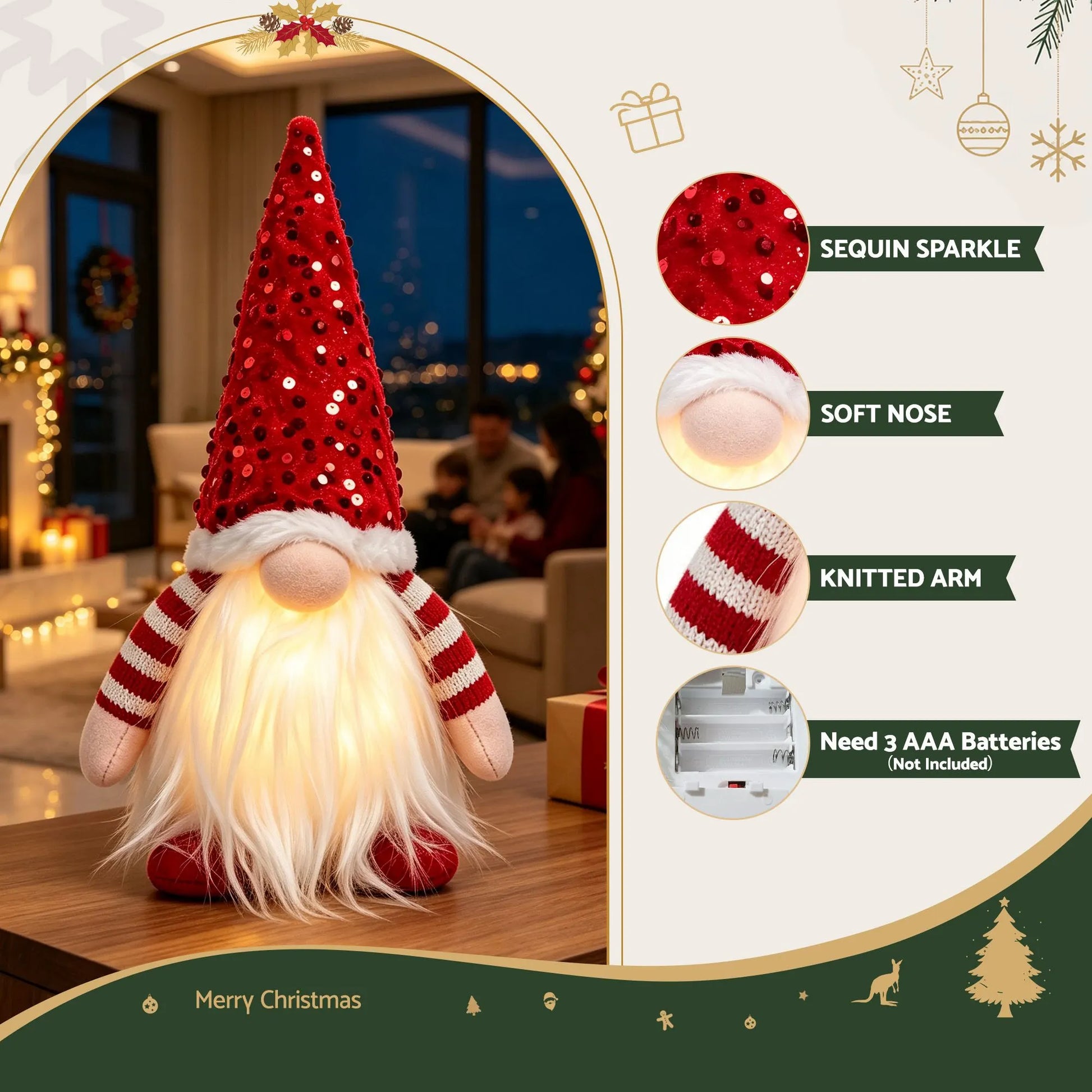Jingle Jollys Christmas Gnomes Light Up Christmas Decorations Plush Goblin Set of 3 Warm White - Image 6
