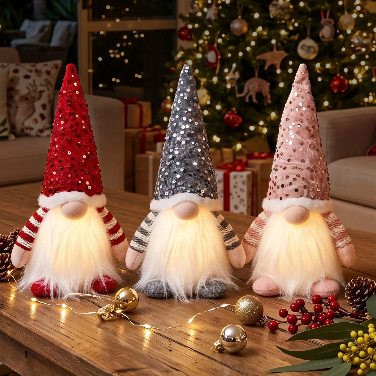 Jingle Jollys Christmas Gnomes Light Up Christmas Decorations Plush Goblin Set of 3 Warm White - Image 9