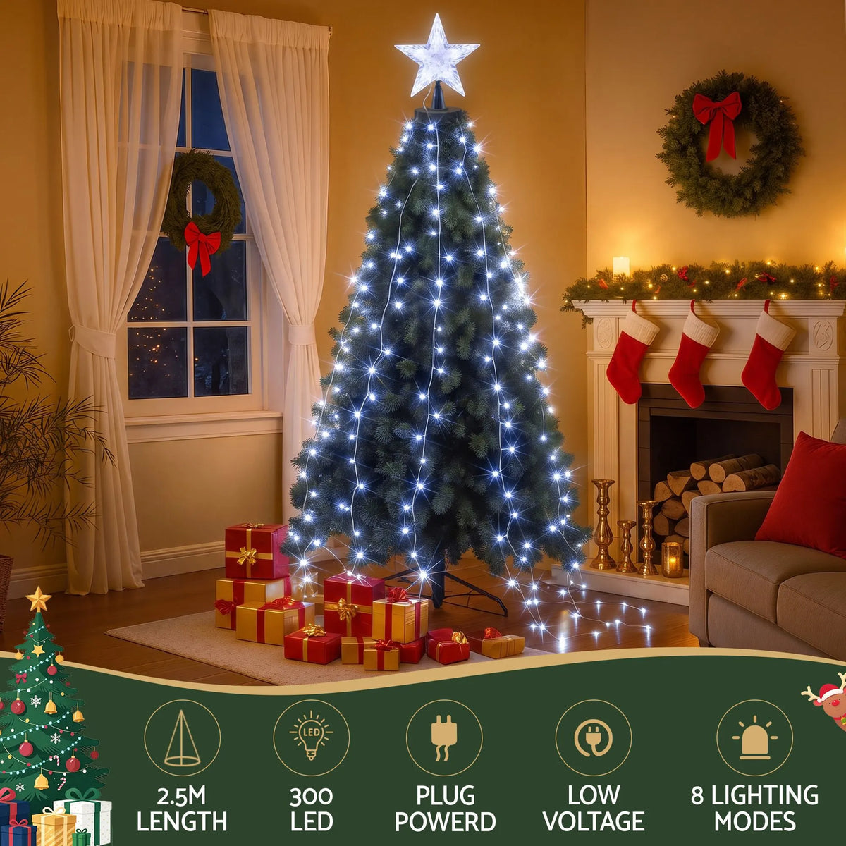 Jingle Jollys 2.5M Christmas Tree Lights Christmas Lights Tree Topper Waterfall Fairy Lights White - Image 5
