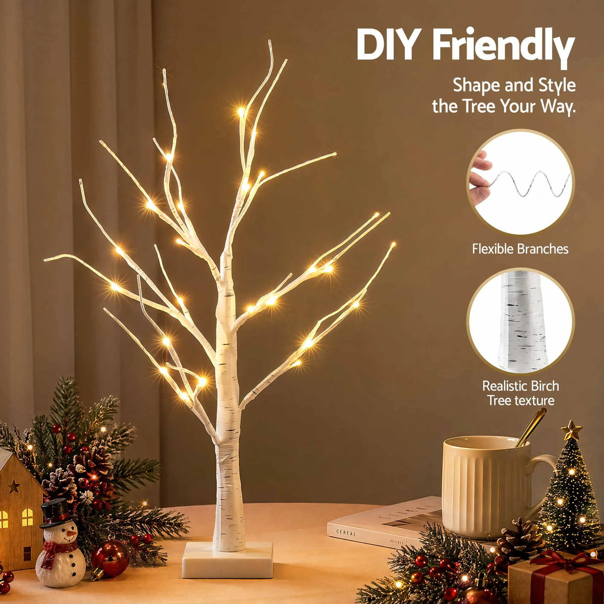 Jingle Jollys Lighted Branch Tree Christmas Decorations Warm White Christmas Lights 2 Pack 60cm - Image 4
