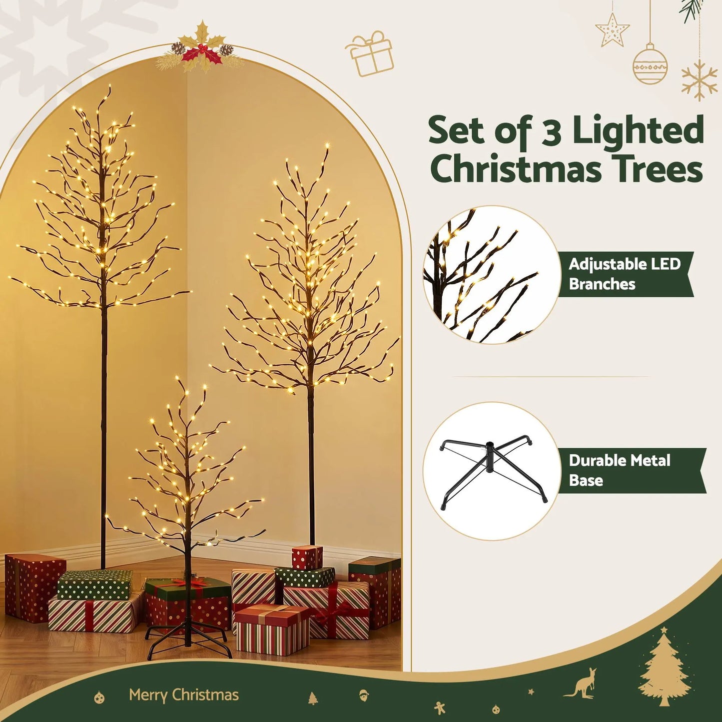 Jingle Jollys 3 Pack LED Christmas Tree Lighted Birch Tree Indoor Outdoor Xmas Decor Warm White - Image 6