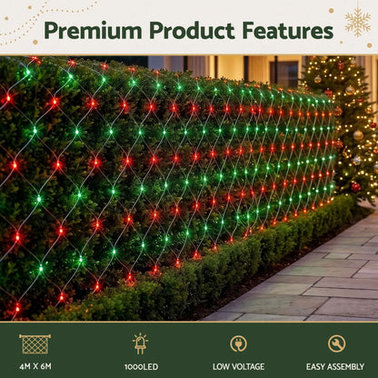 Jingle Jollys Christmas Lights 6x4m Christmas Net Lights 1000LED Red Green Festive Lighting - Image 5