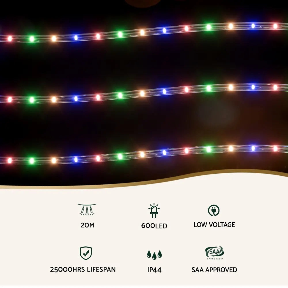Jingle Jollys 20M Christmas Lights String Rope Light Decoration 600 LED Colorful - Image 3