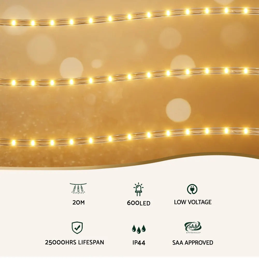 Jingle Jollys 20M Christmas Lights String Rope Light Decorations 600 LED Warm - Image 3
