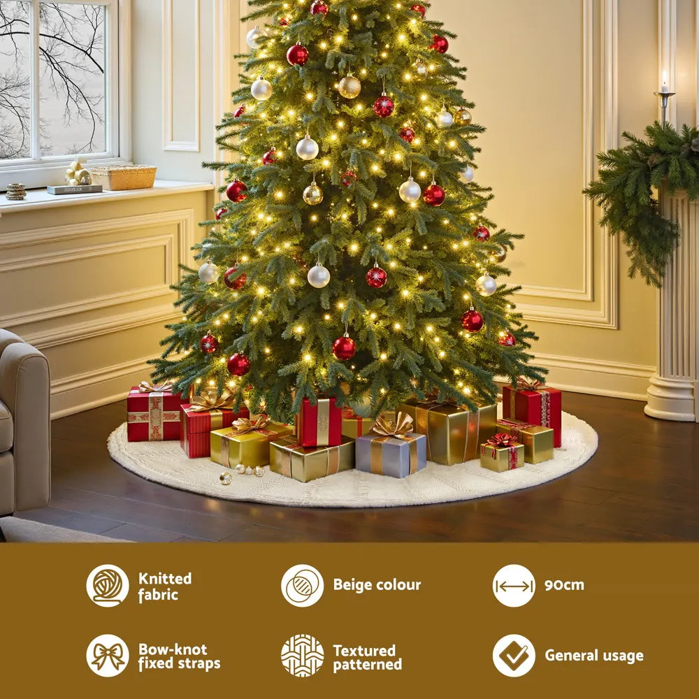 Jingle Jollys Christmas Tree Skirt 90cm Knitted Fabric Xmas Ornament Decor Beige - Image 4
