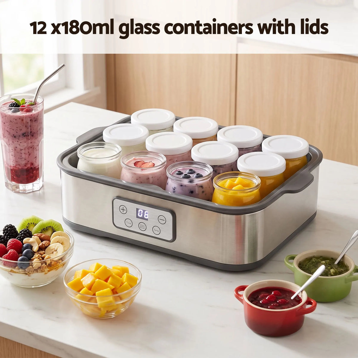 Devanti Yoghurt Maker Machine with 12x180ml Glass Cups Temp Control Grey - Image 5
