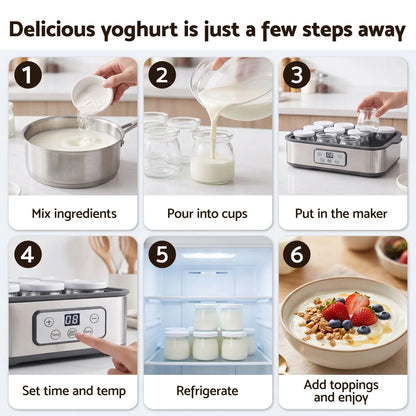Devanti Yoghurt Maker Machine with 12x180ml Glass Cups Temp Control Grey - Image 7