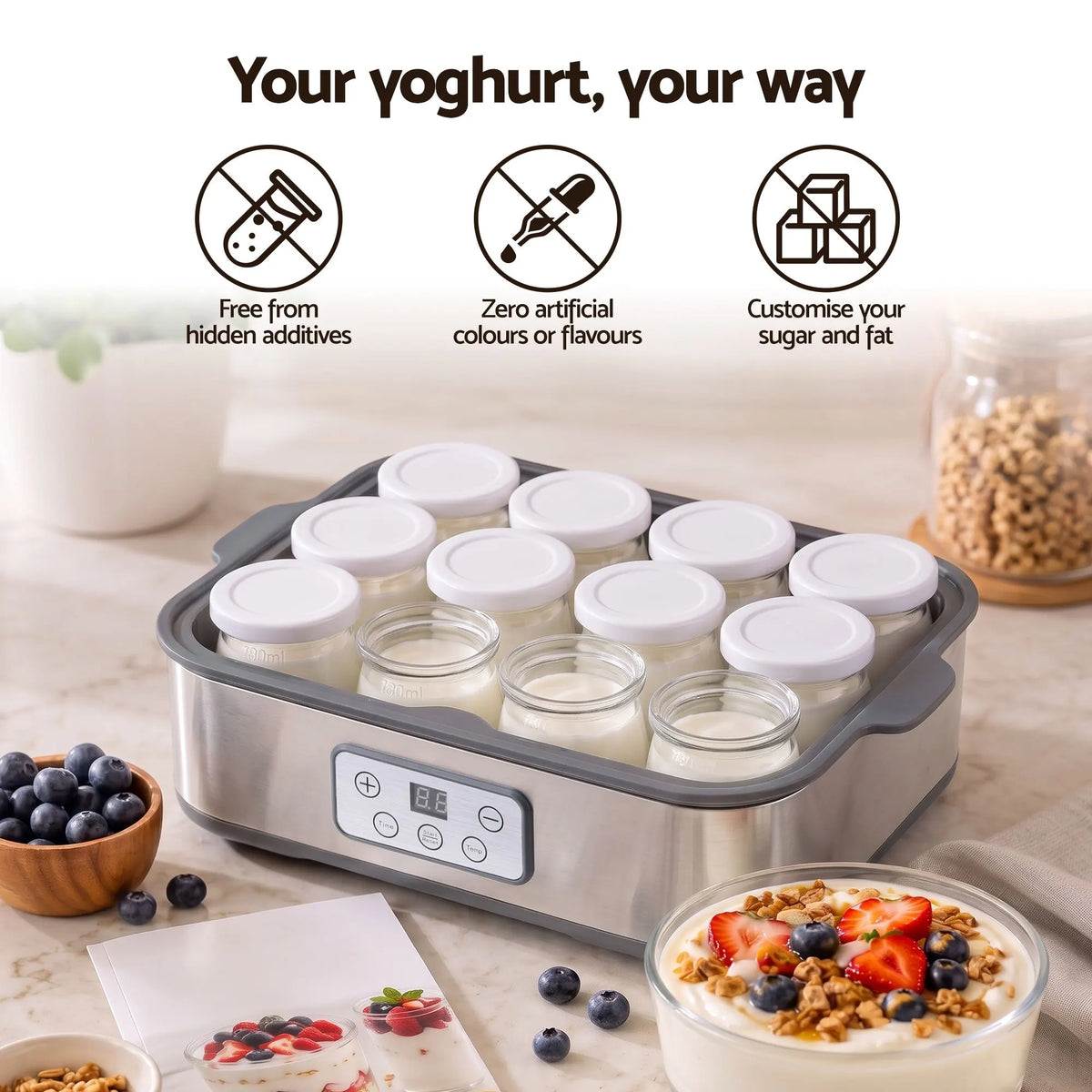 Devanti Yoghurt Maker Machine with 12x180ml Glass Cups Temp Control Grey - Image 9