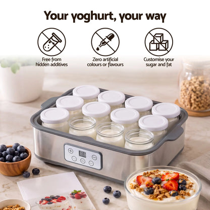 Devanti Yoghurt Maker Machine with 12x180ml Glass Cups Temp Control Grey - Image 9