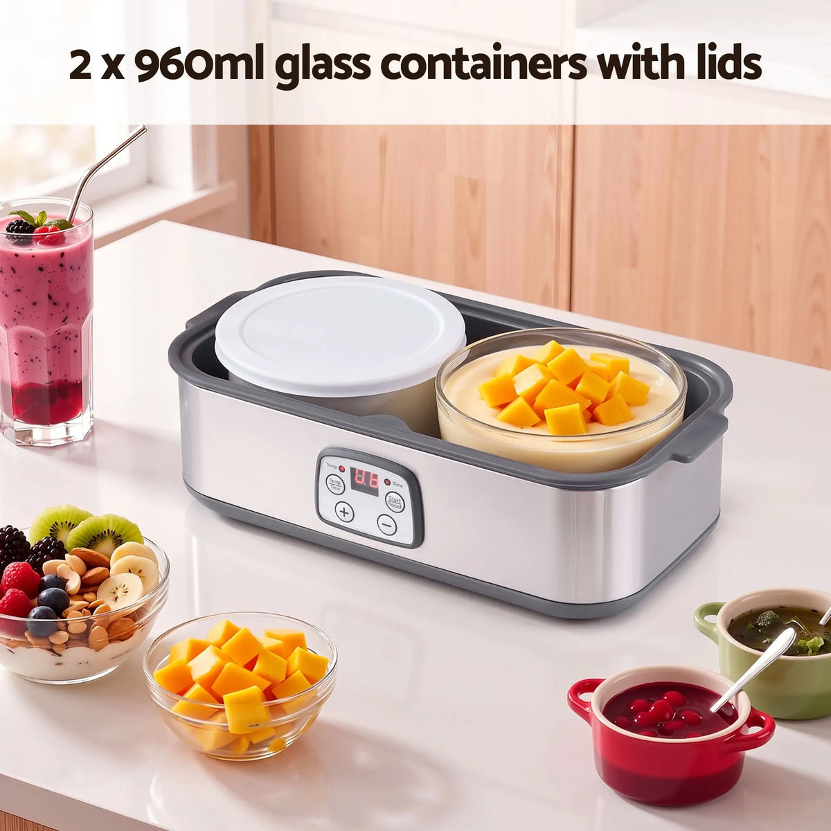 Devanti Greek Yoghurt Maker Machine 2x960ml Large Tubs Temp Control Grey - Image 5