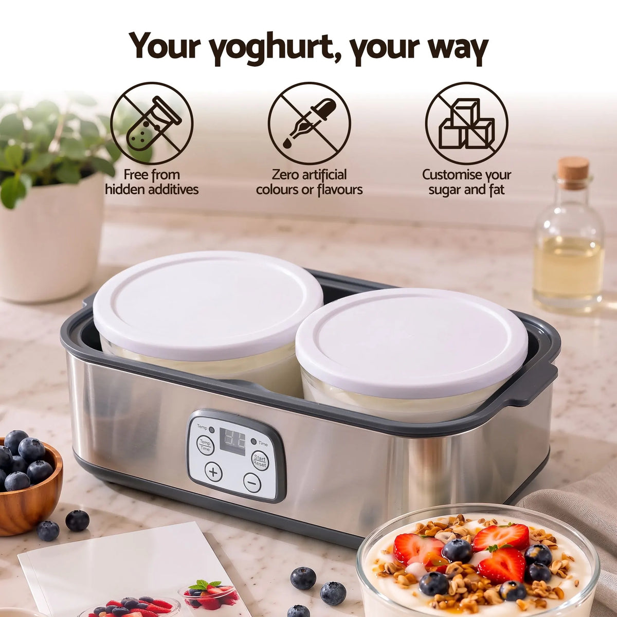 Devanti Greek Yoghurt Maker Machine 2x960ml Large Tubs Temp Control Grey - Image 9