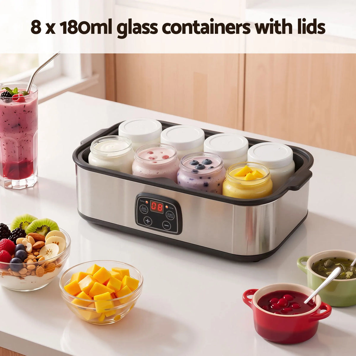 Devanti Yoghurt Maker Machine with 8x180ml Glass Cups Temp Control Black - Image 5
