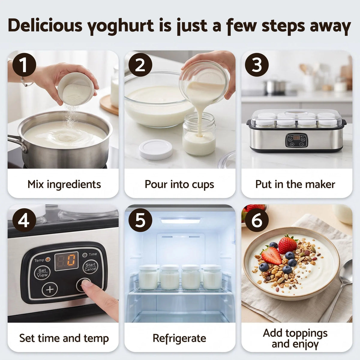Devanti Yoghurt Maker Machine with 8x180ml Glass Cups Temp Control Black - Image 7