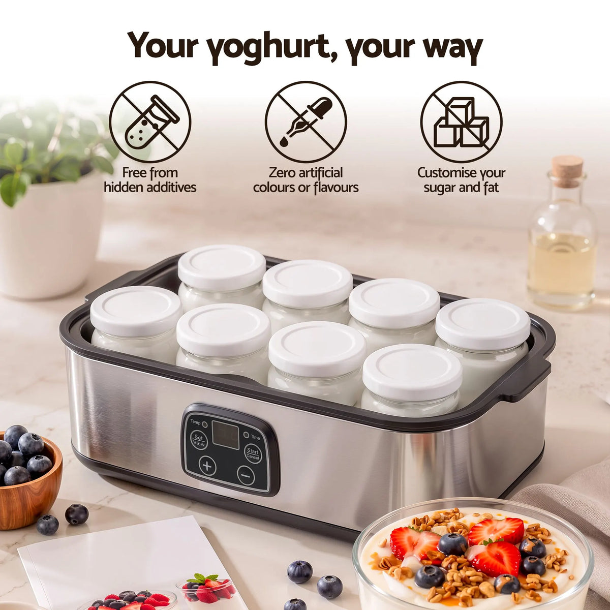 Devanti Yoghurt Maker Machine with 8x180ml Glass Cups Temp Control Black - Image 9