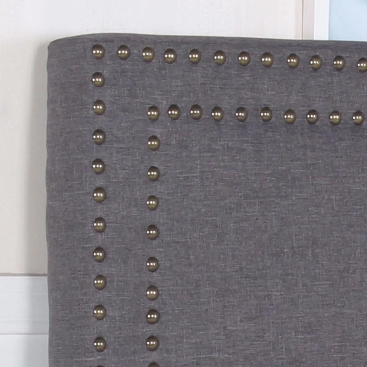 Bed Head Queen Charcoal Headboard Upholstery Fabric Studded Buttons - Image 2